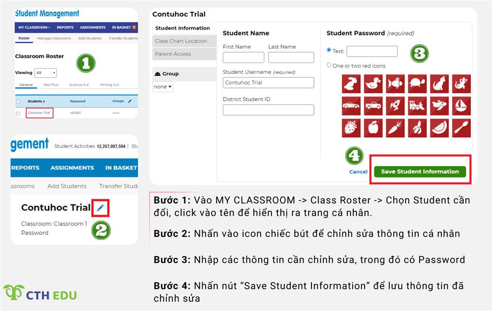 HDSD tài khoản teacher KidsA-Z cách đổi mật khẩu, sửa thông tin tài khoản student